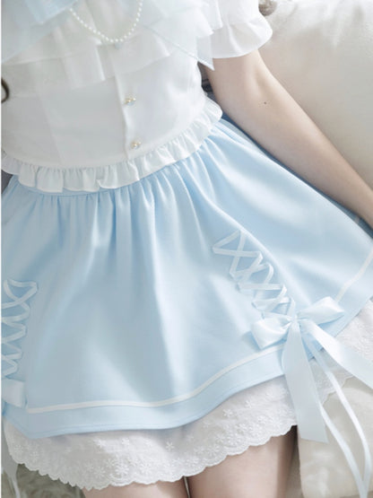 イリュージョンスカートショルダーブルークロスオープンホワイトデザイントップ+ネックラインケイセットジライ