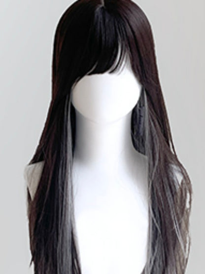 70CM Black Bangs Wig with Silver Highlight Straight