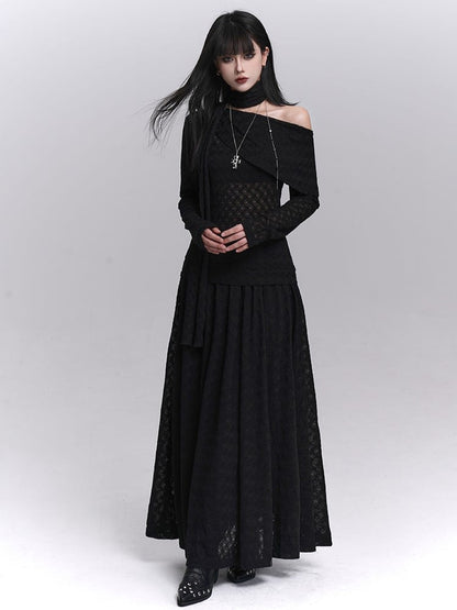 Strap Off-Shoulder Asymmetrical Black Matching Top with Gothic Neck