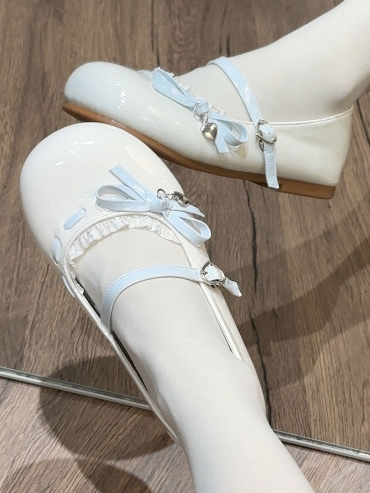 Bow Buckle Lace Sweet Blue Accent Trim Lolita Heart Flats White Design -