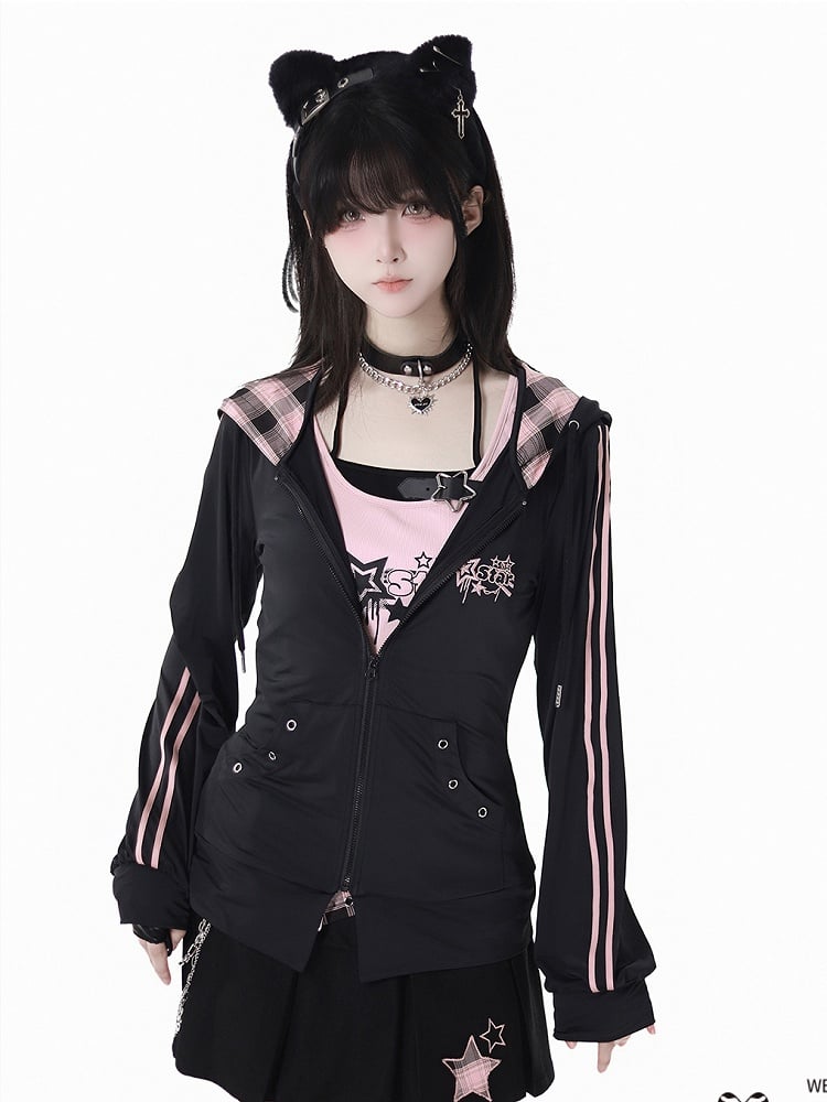 Pink Plaid Hood Black Star Embroidery Sun Protection Jacket