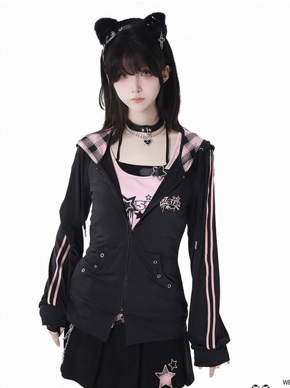 Pink Plaid Hood Black Star Embroidery Sun Protection Jacket