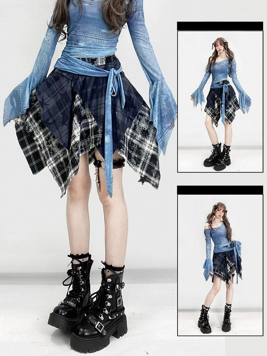 Plaid Star Pattern Hem Skirt Print Handkerchief Blue