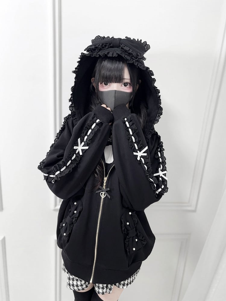 Perforated Jirai Kei Black/White Hoodie Bead-Embellished Bow Jacket: Pockets Sleeve with