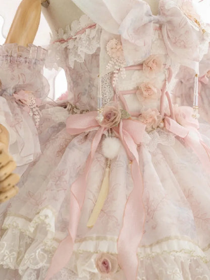 Rosa Prinzessin Fee Blumenmuster Set voller Schmetterling und JSK Kleid Lolita Blume