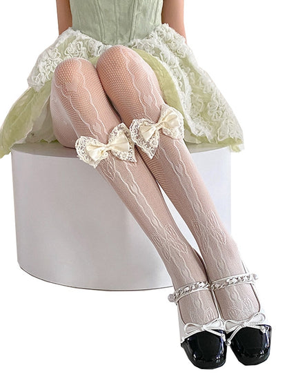 ブラック/ホワイト クリーミーホワイト リボン飾り 蝶結びとハートの網タイツ