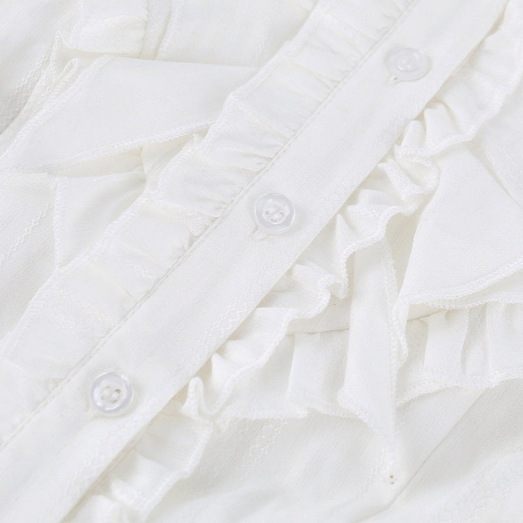 Preppy White Ruffled Peter Pan Collar Long Sleeve Shirt with Bow Tie - serendipity