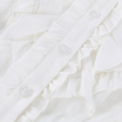 Preppy White Ruffled Peter Pan Collar Long Sleeve Shirt with Bow Tie - serendipity