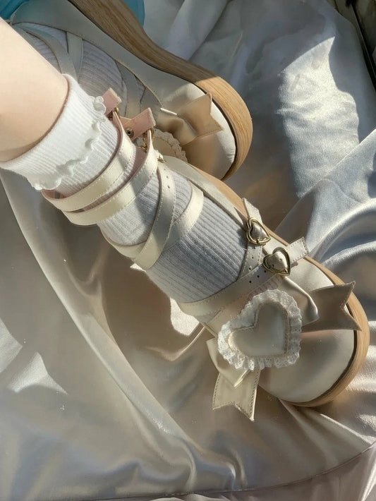 Snap Crisscross Janes in Sole Mary Satin Wood Platform Sweet Heart Lolita Grain with Champagne