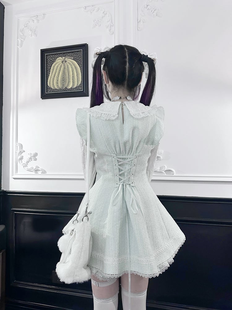 Tweed Shorts Long-Sleeve Matching Lace Kei Blue Fresh Light Dress Jirai + Set