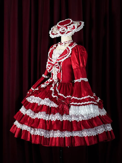 Wunderschönes Lolita-Kleid mit gestuftem Rüschenrock, Puffärmeln und Glockenärmeln in Rot
