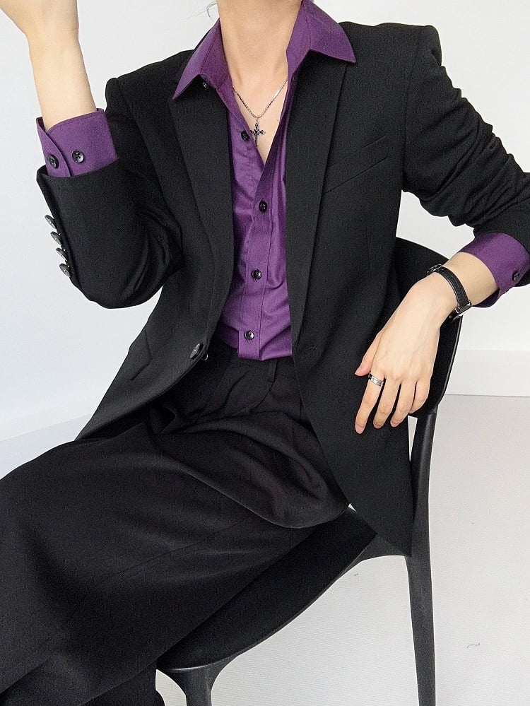 Shirt Pointed Long-Sleeve Button-Front Purple Ouji Lolita with