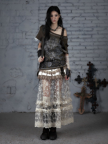 Green Military Steampunk Newspaper Straps Buckle Print Knit with T-shirt