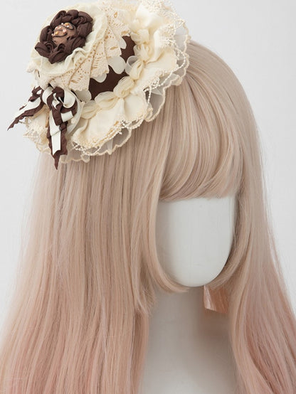 Brown Mini Lace Cake-shaped White With Lolita Clips Hat Sweet