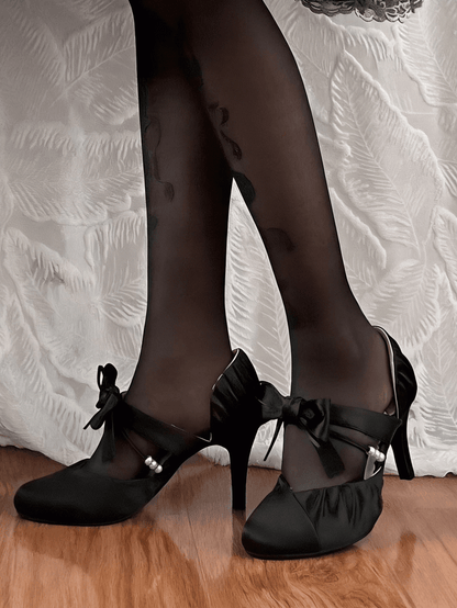 Black Elegant Shoes Decorative - Bow in Satin High-heel