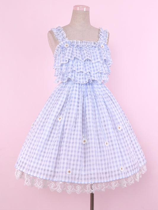 Blue Cottagecore Gingham Sundress Daisy Lace Trim Plaid Lolita Jumper Skirt