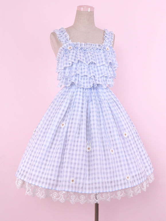Robe d'été vichy bleue Cottagecore avec bordure en dentelle marguerite et jupe pull Lolita à carreaux