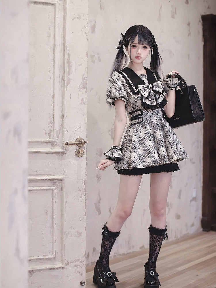 Jirai Kei Sailor Collar Black Polka Dot Bow Dress - Ekomi