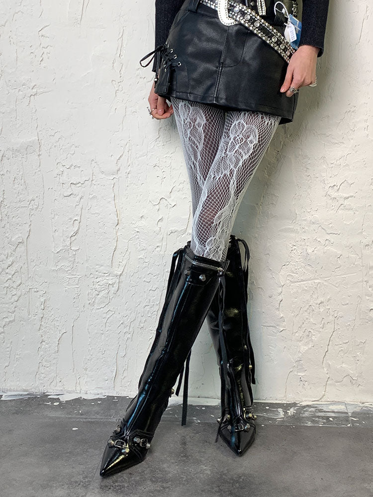 ホワイト Y2K フラワーカットアウトデザインタイツ