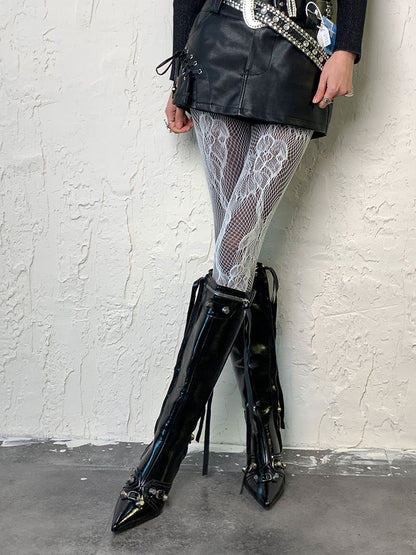 ホワイト Y2K フラワーカットアウトデザインタイツ