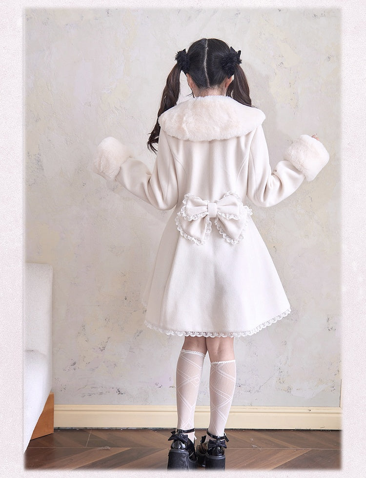Cuffs and Beige Coat Rhinestones Lace Trim Jirai Kei Plush Bowknots Collar