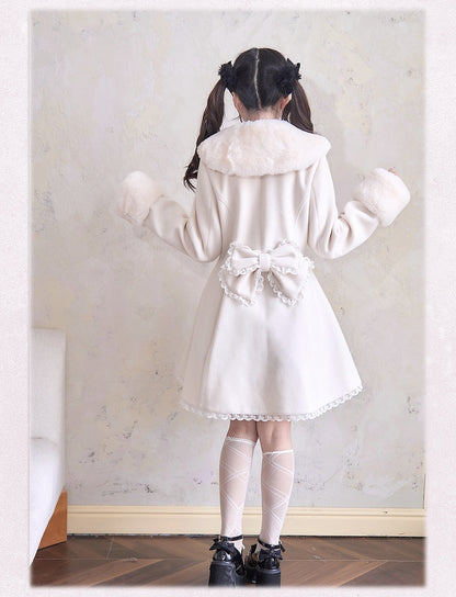Cuffs and Beige Coat Rhinestones Lace Trim Jirai Kei Plush Bowknots Collar