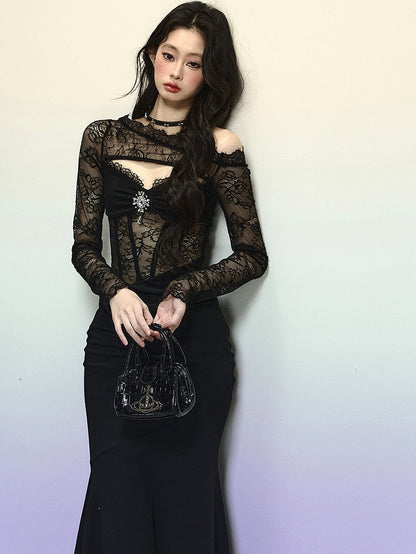 Black Asymmetrical Neckline Semi-sheer Lace Bodice Mermaid Skirt Patchwork Dress Evening Gown