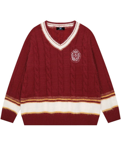 レッド/ブルー/ホワイト Vネック プレッピースタイル ルーズセーター