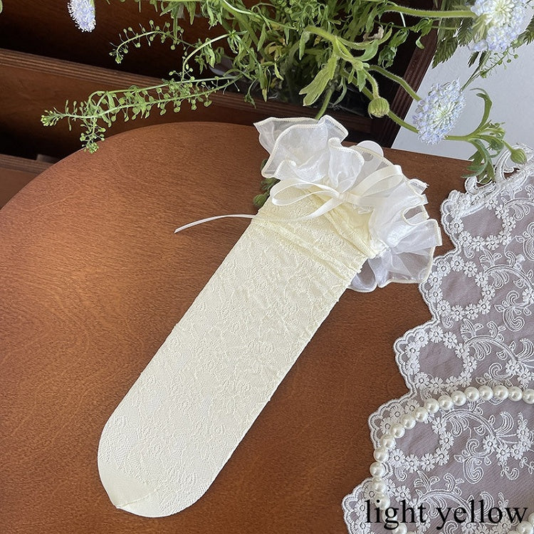 Underknee Trim Stockings Yellow/White Bowknot Lace Hollow-out Details Black/Light