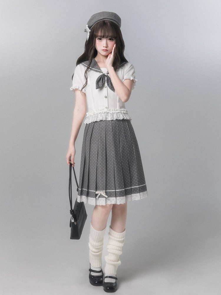 Aesthetic Dot Lace Pleated Skirt With Gray Polka Trim