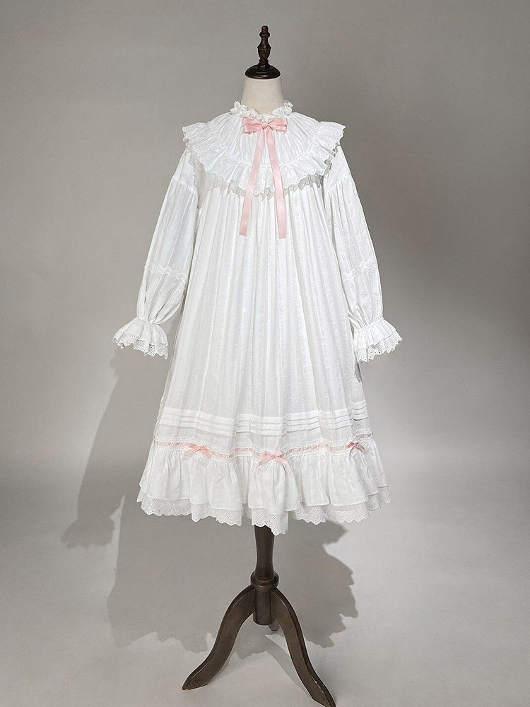 White & Pink Lace Lolita Dress with Bow - Tan Tuan