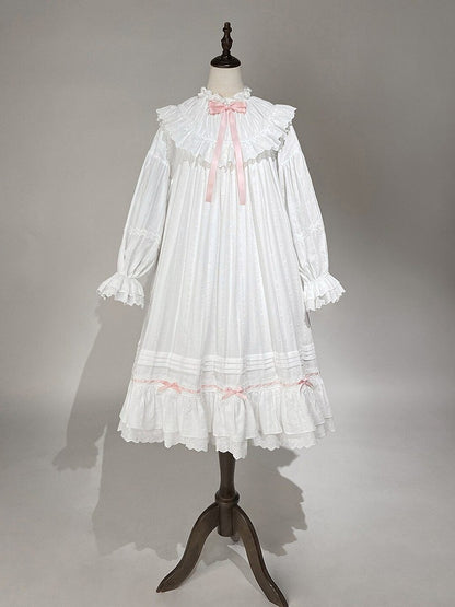 White & Pink Lace Lolita Dress with Bow - Tan Tuan