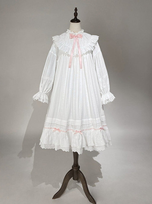 White & Pink Lace Lolita Dress with Bow - Tan Tuan