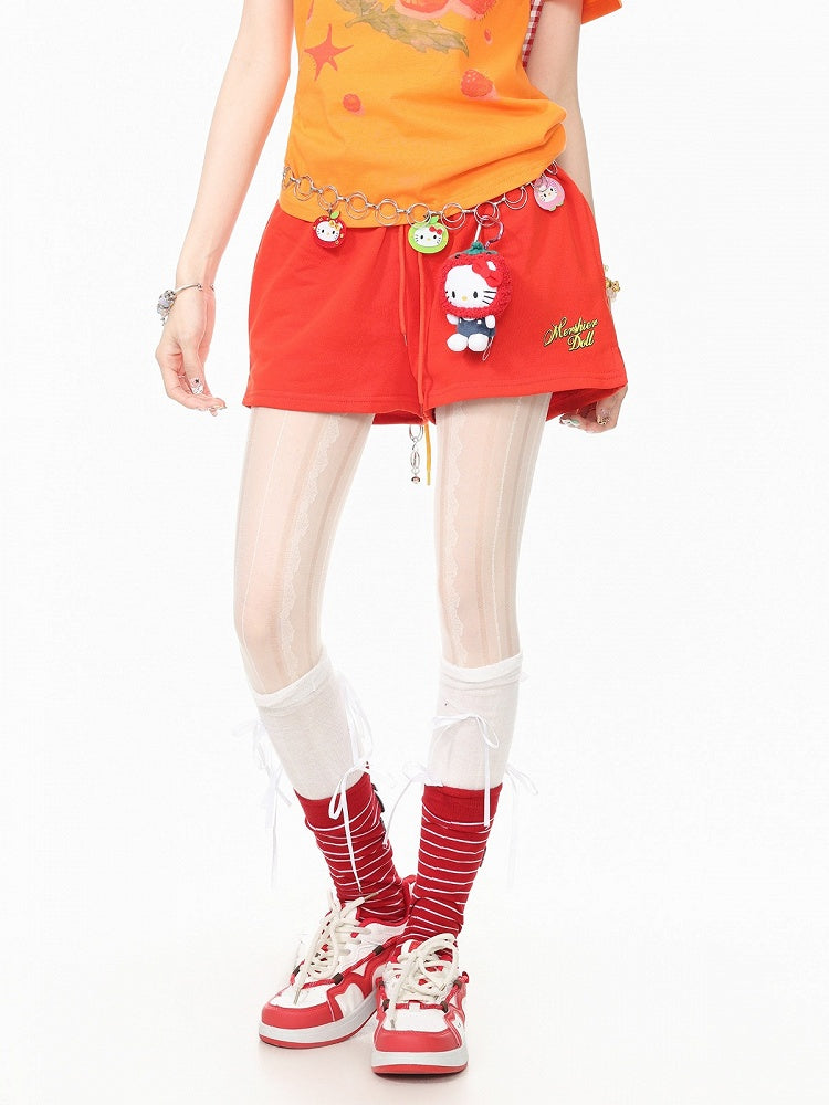 Cute Orange-Red Letter-Printed Drawstring Summer Shorts - Languid Park