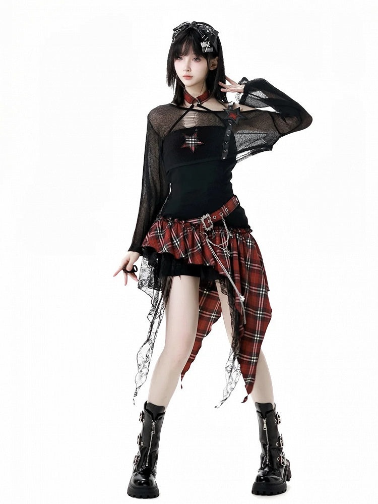 Coverup Schwarz/Grau Stern Distressed Löcher Punk Rock Strap Hohl-Out Cropped