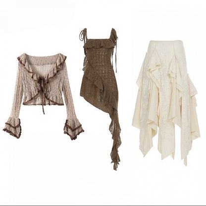 Glockenärmel Saum Weiß Millard Braun + Cardigan Fashion Kleid Asymmetrischer Cami Rock