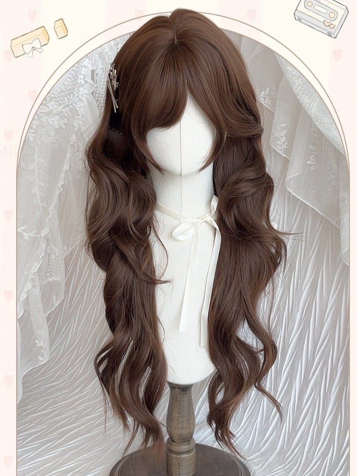 Chocolate Brown Long Wavy Curly Wig with Side-swept Bangs - Sleepy Fish