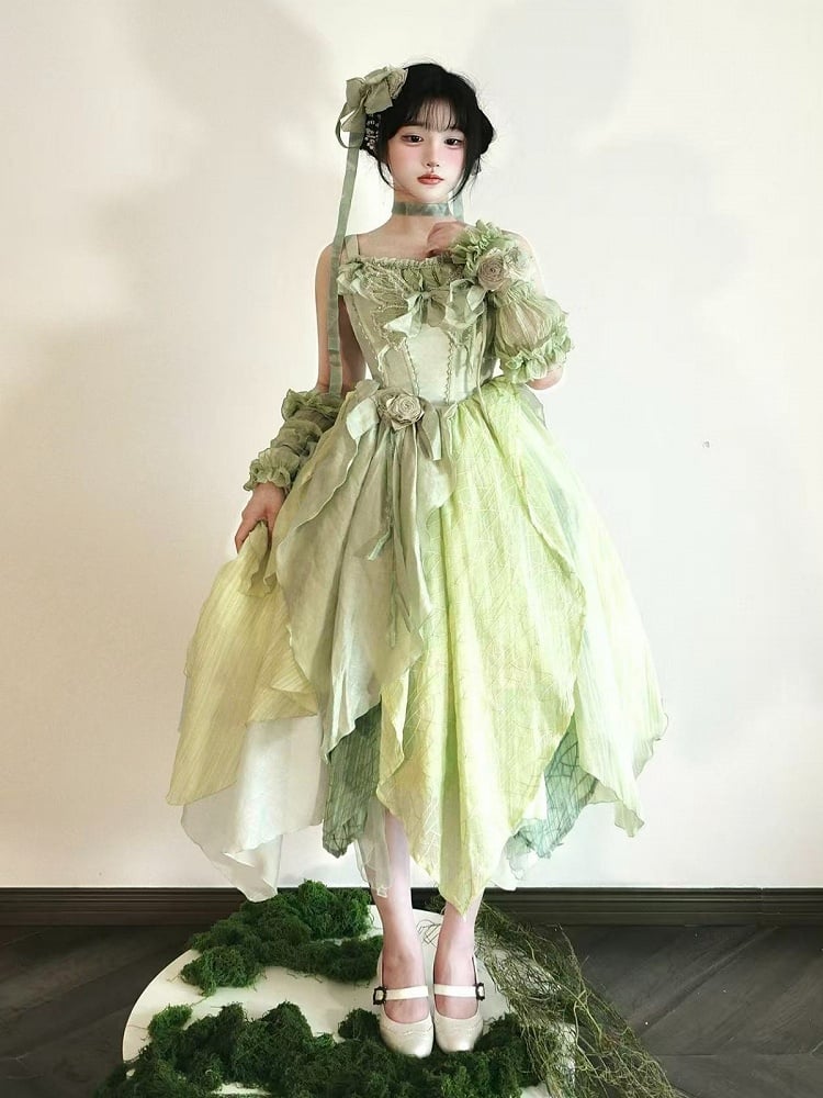 Green Butterfly Theme Lolita JSK with Asymmetrical Hem Sizes S-3XL - Sweet Wood Lolita