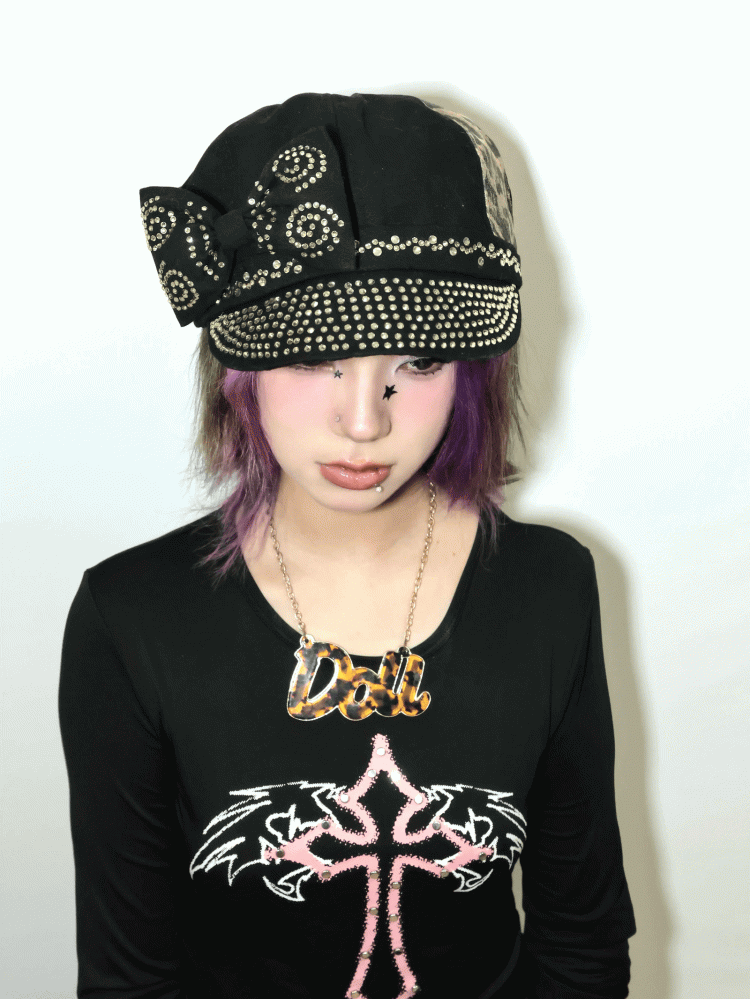 Gyaru Fashion Y2K Black Leopard Big Bow Rhinestones Embellished Beret