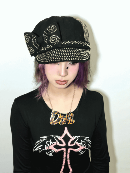 Gyaru Fashion Y2K Black Leopard Big Bow Rhinestones Embellished Beret