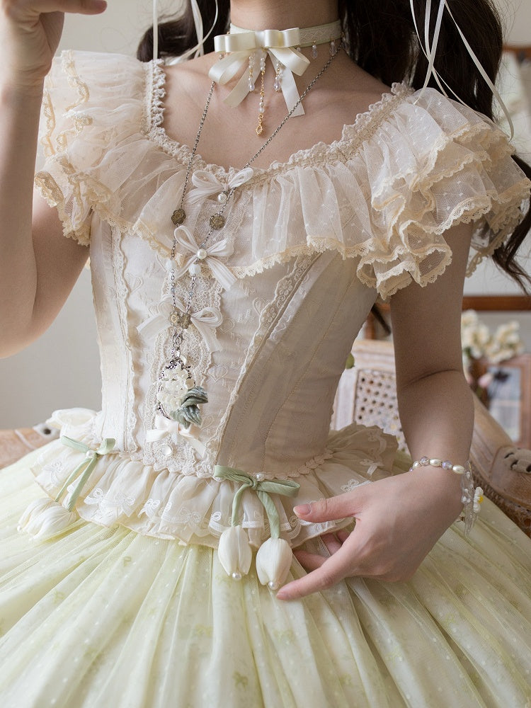 Jacquard Korsett Herz Ärmel Stoff Top Flatter Tiered Elfenbein