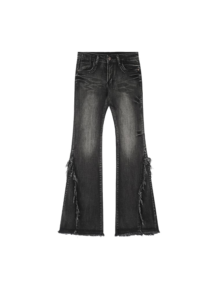 Seams Side with Wash Raw Hem Low-Waisted Black Flare Jeans Vintage