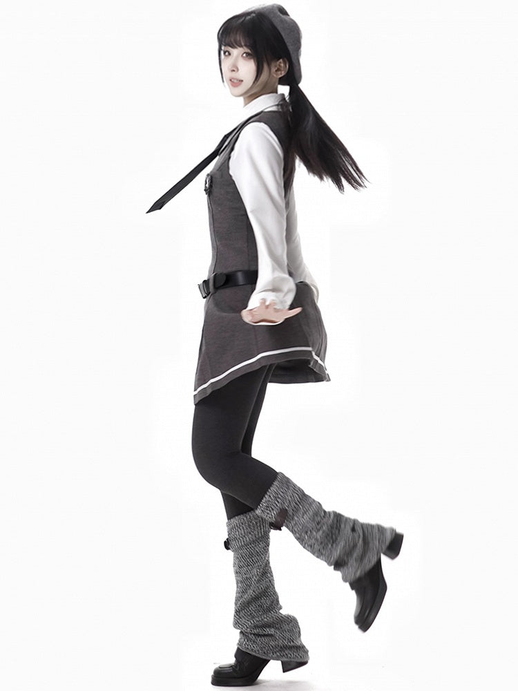 Dark Grey Preppy Sleeveless Above Knee Knitted Dress With A Buckle Belt