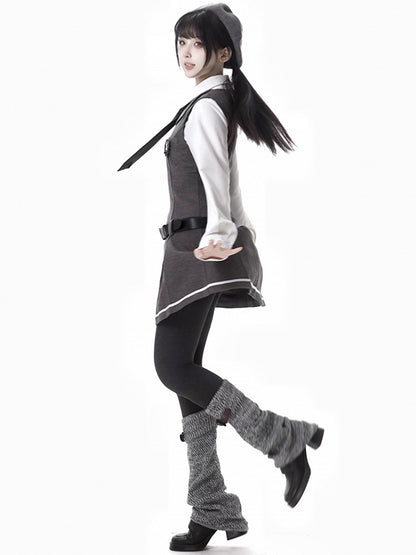 Dark Grey Preppy Sleeveless Above Knee Knitted Dress With A Buckle Belt