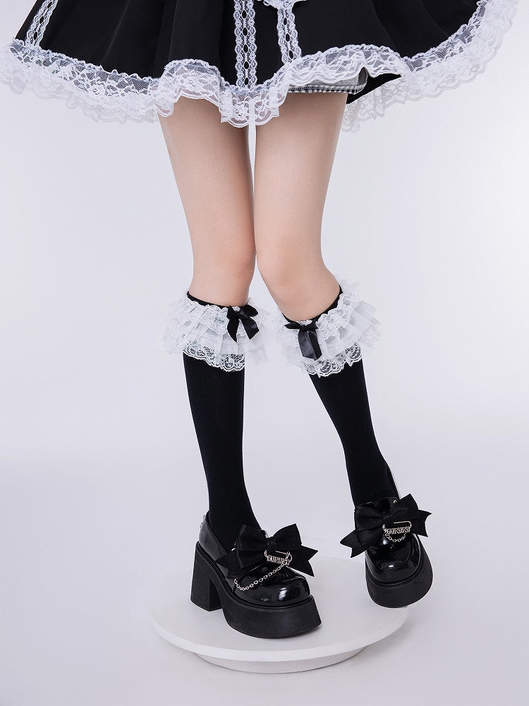 Decorated Lolita Multi-Layer Calf White/Black Bow Trim Lace Socks