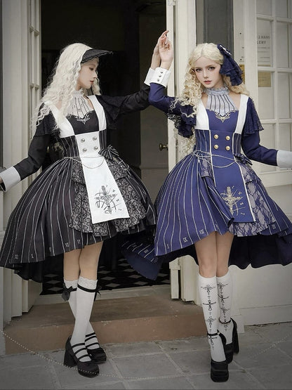 Embroidery+Waist Cross Lolita Watch Dress Full Collar Blue White Nun Chain+Pocket Chain+Detachable Striped Belt+Waist Set with Dark