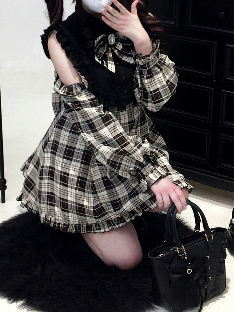 + 3-in-1 Set: Design Jirai Convertible Beige Kei Shorts Sleeve Black | Dress Plaid