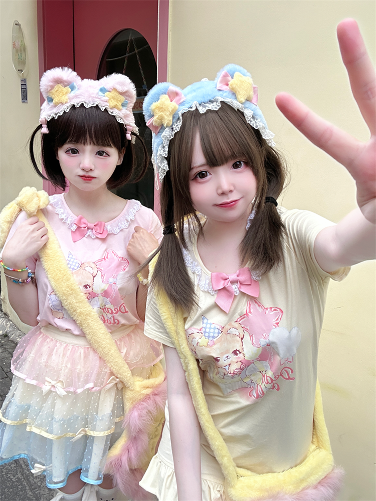 Ruffled Adorable Teddy Bear Print Bowknot Pink/Yellow Neckline Embellished T-Shirt