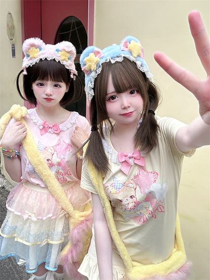 Ruffled Adorable Teddy Bear Print Bowknot Pink/Yellow Neckline Embellished T-Shirt