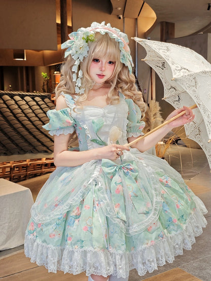 Green Elegant Tulip with Off-Shoulder Drawsting Tulle Overlay Print Lolita Dress